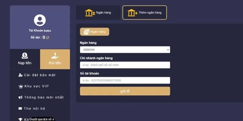 Form điền thông tin rút tiền V9Bet trong hệ thống